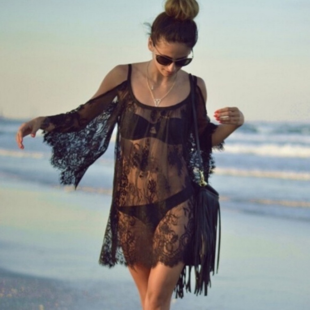 Black Lace Cold Shoulder Chemise Dress Cover Up - Picture 4 of 7